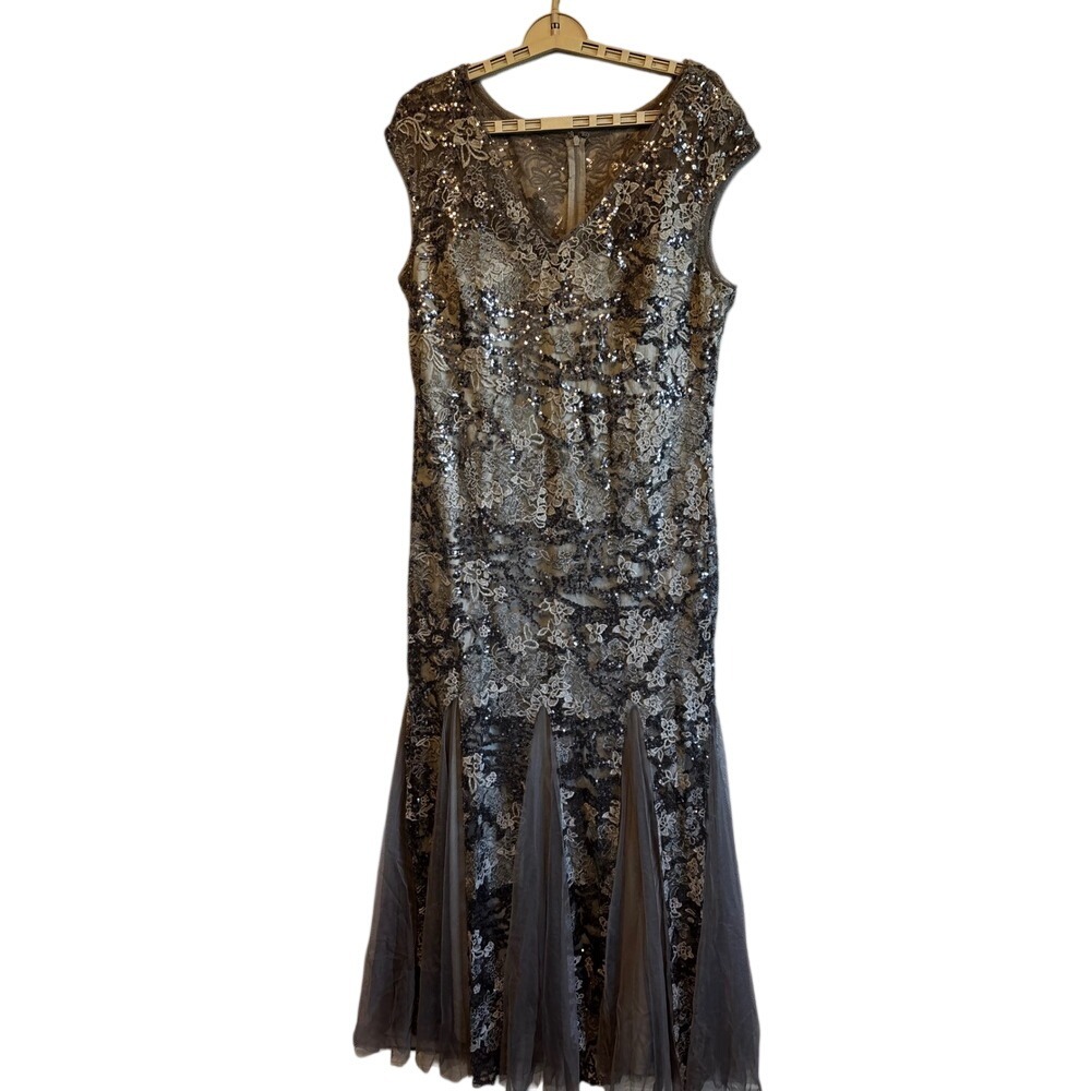 Alex Evenings Gray Sequin Lace Gown mermaid Dress Sz 16